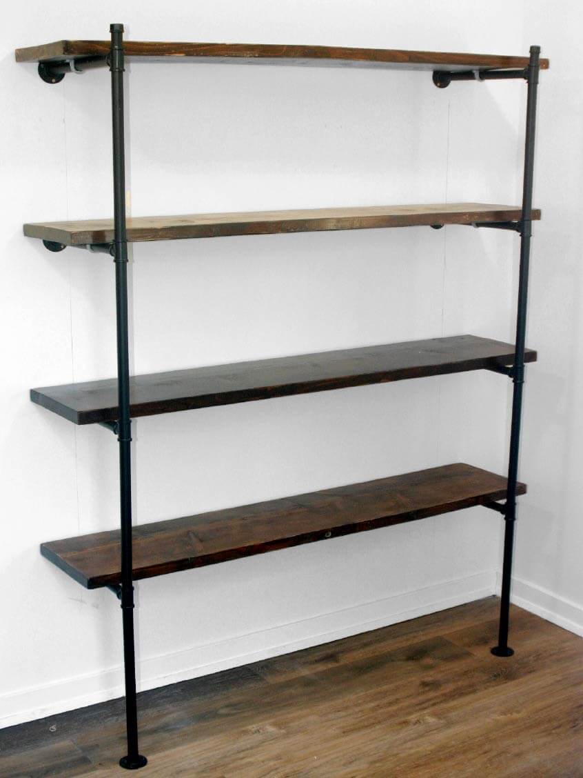 wall shelf unit with 4 cedar shelves different stains and black pipe support